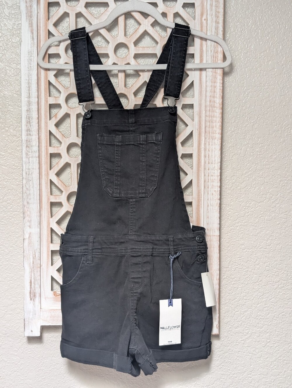 NWT WallFlower Black Denim Overalls Shortalls Romper Womens Medium Pockets